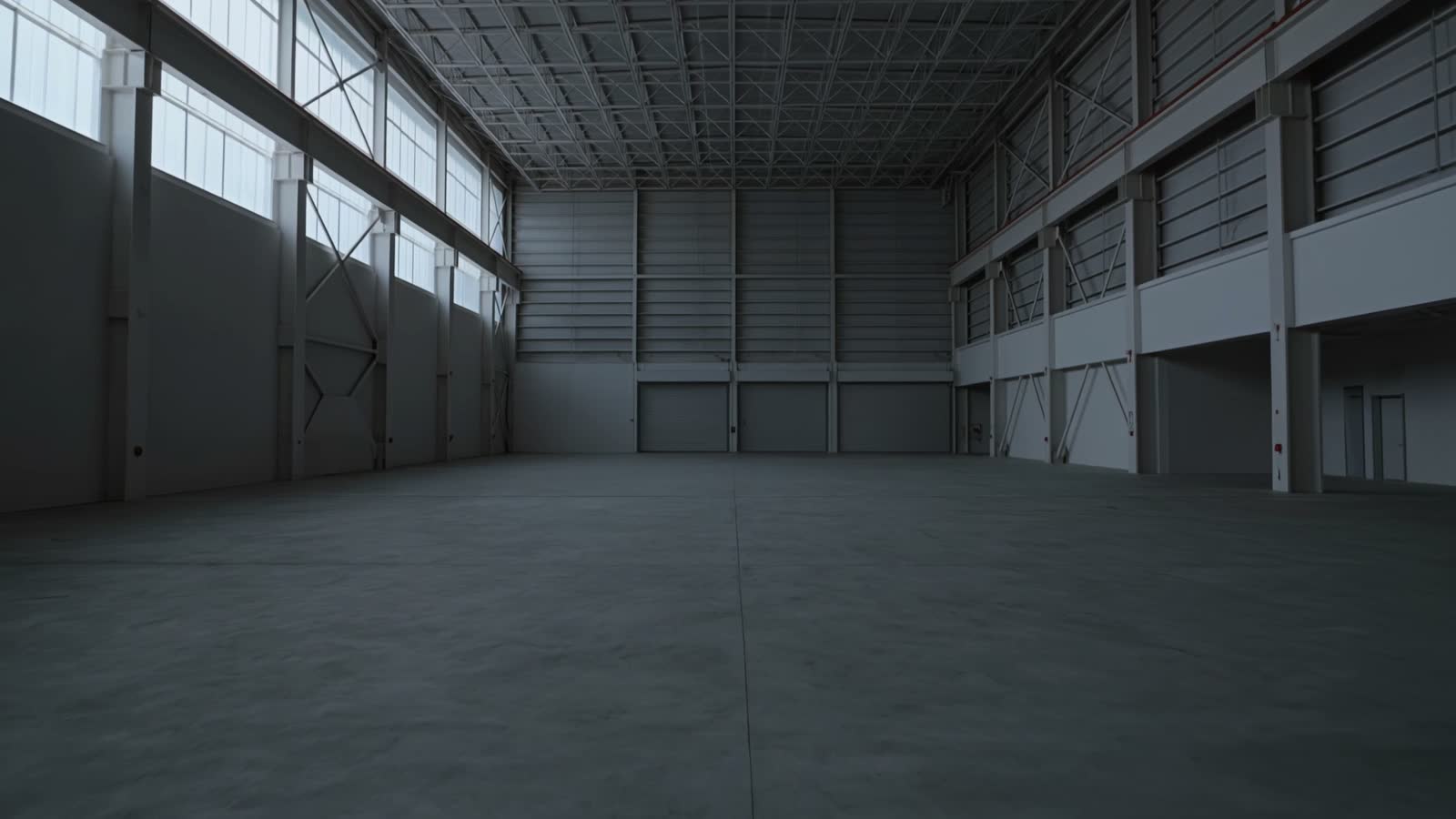 A large empty modern industrial building at dusk