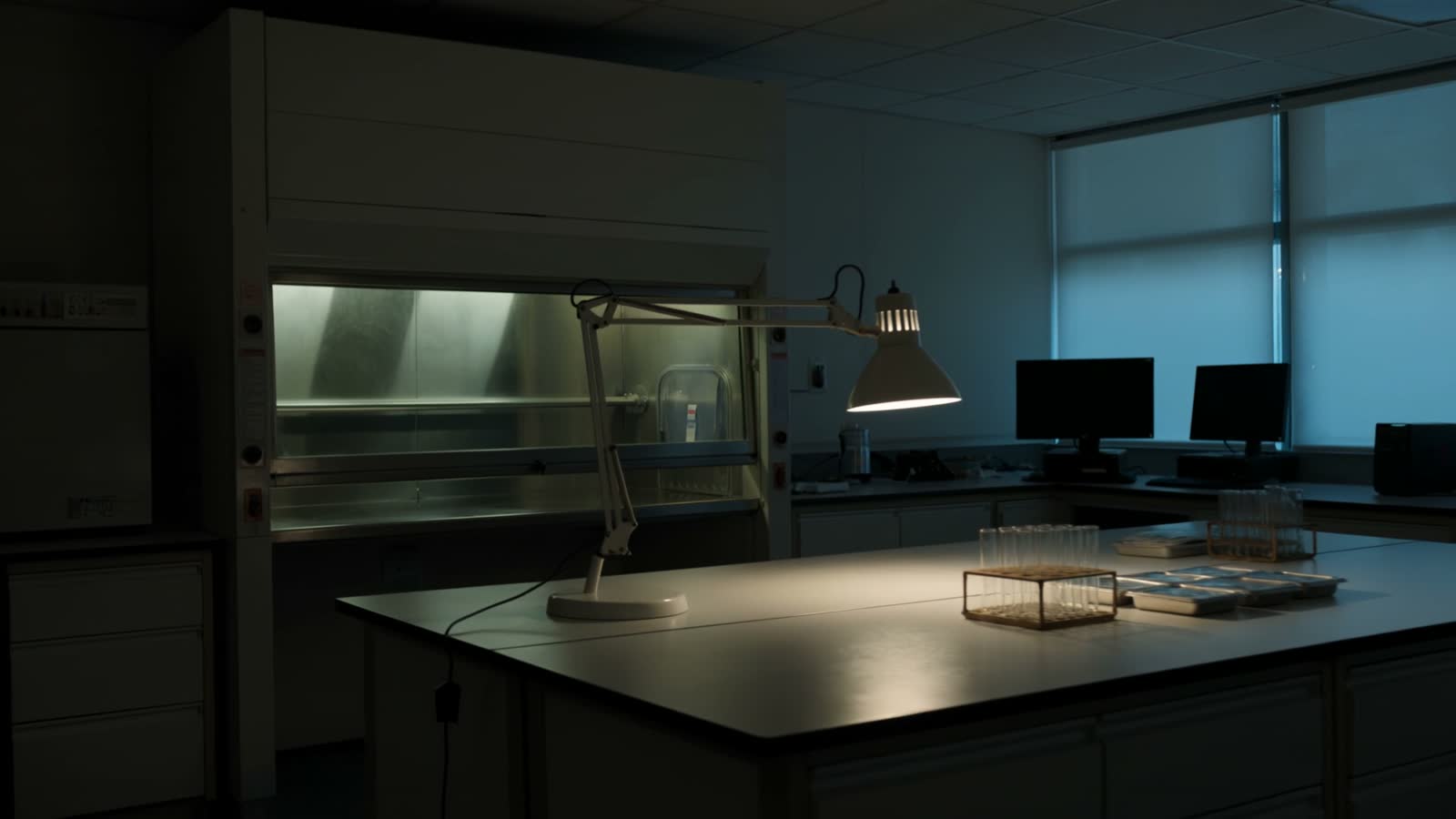 A university materials research laboratory at night