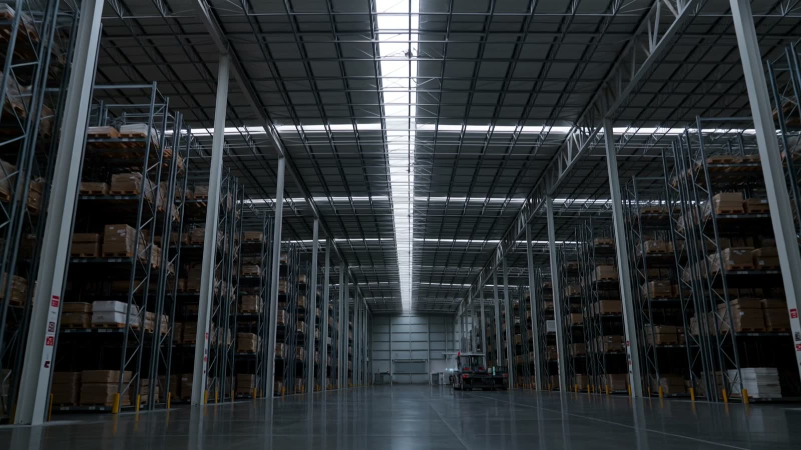 The interior of a vast distribution warehouse at dawn, light falling through roof lights onto the floor