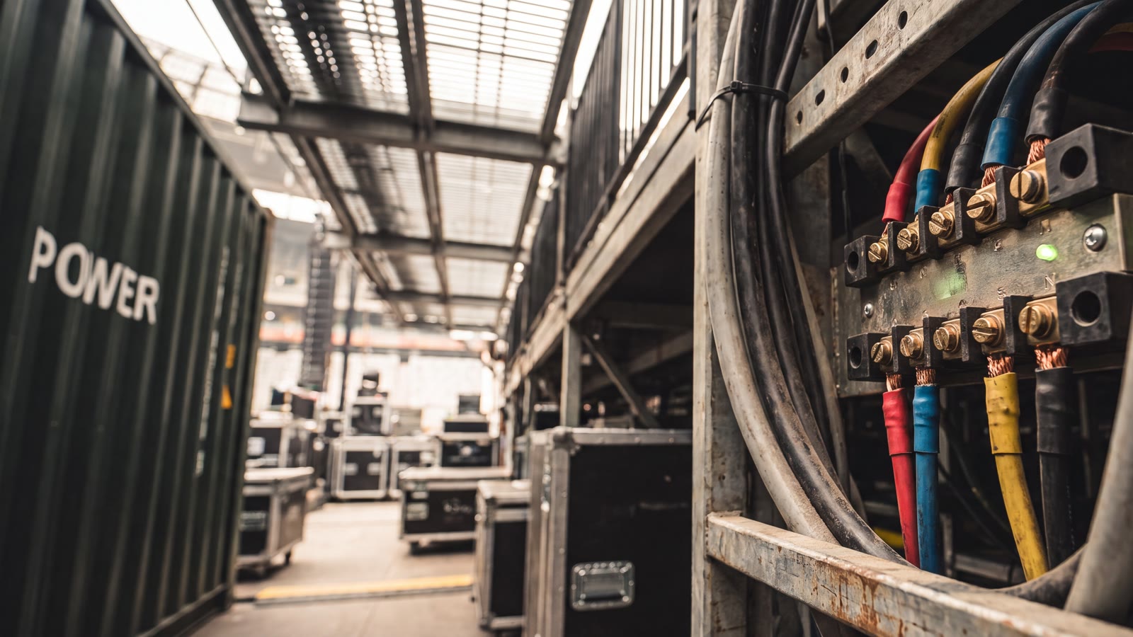Power distribution equipment with heavy cabling beside a container marked Power