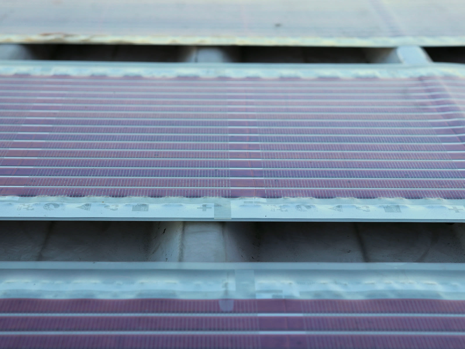 Printed Solar strips fixed in rows across a metal roof, close up